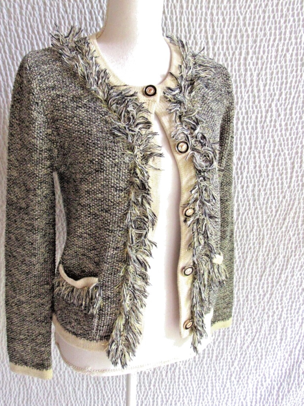 Gold Fringe Metallic Cardigan Sweater S Nicole Alexander Black Ivory Cotton Gold